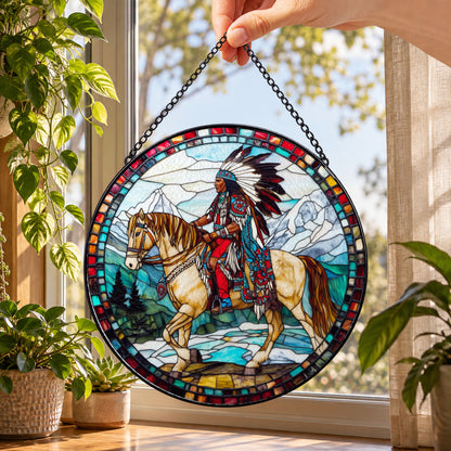 Horse and Rider in Western Scene round stained glass window hanging – second gallery view