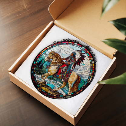 Horse and Rider in Western Scene stained glass suncatcher – flat printed artwork design