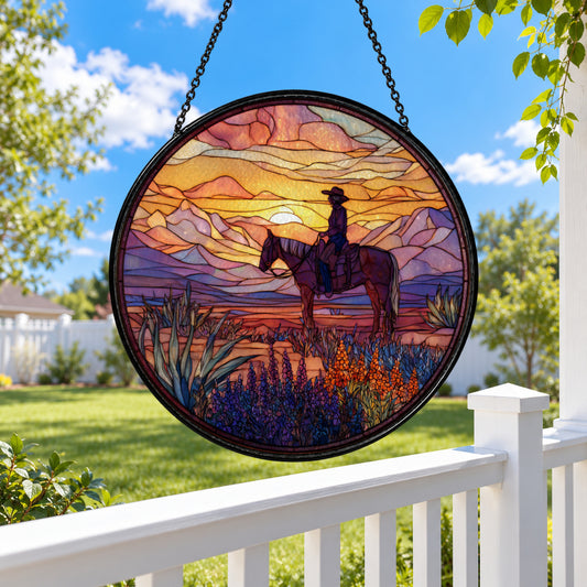 Horse Rider under Desert Sunset stained glass suncatcher window hanging – front design view