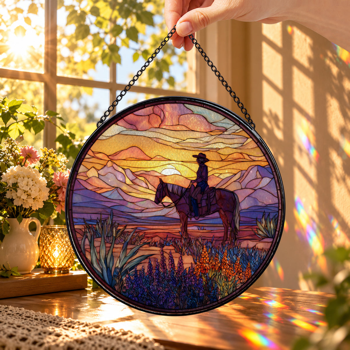 Horse Rider under Desert Sunset round stained glass window hanging – second gallery view