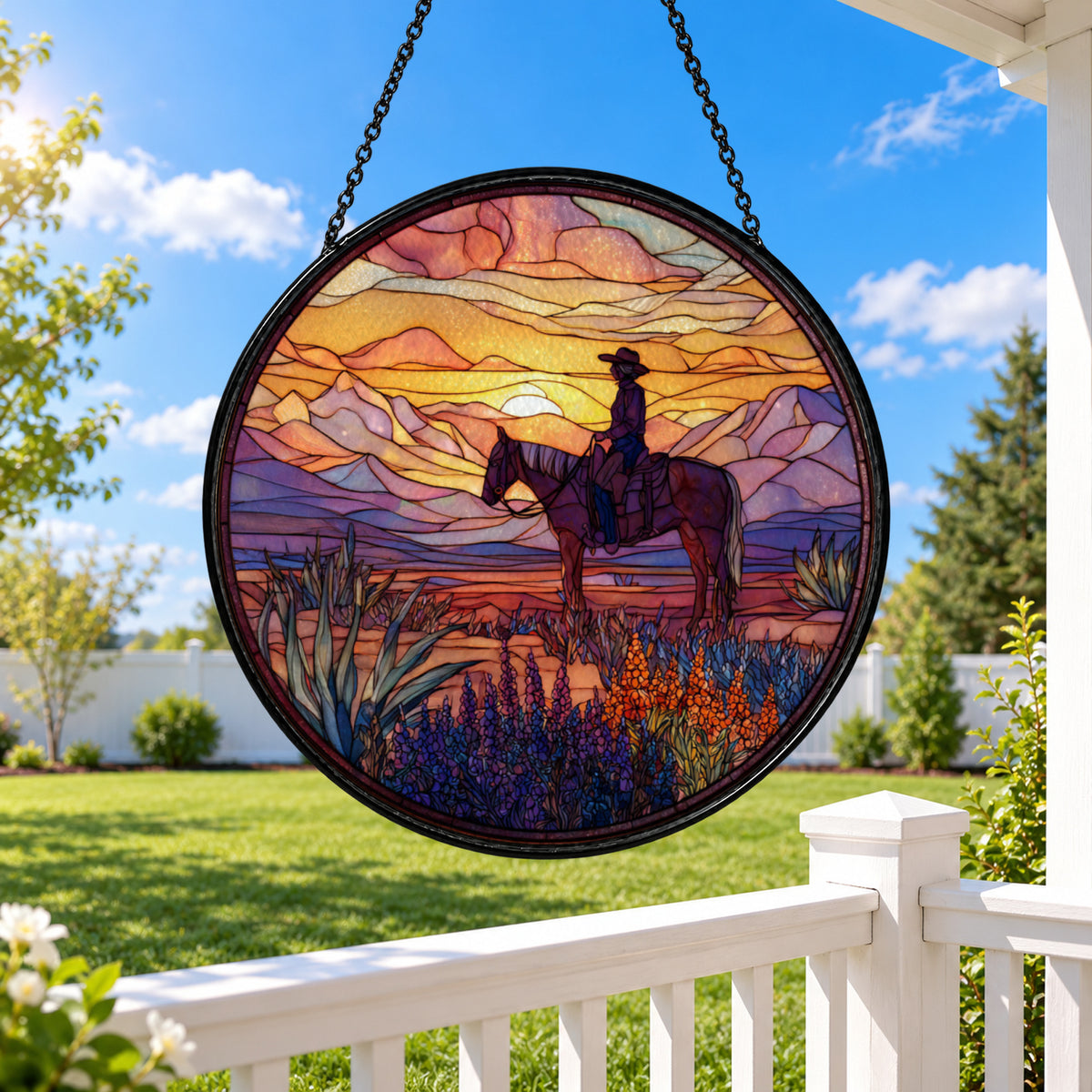 Horse Rider under Desert Sunset stained glass window suncatcher – third gallery view