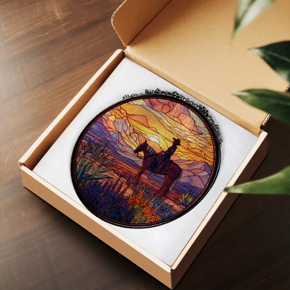 Horse Rider under Desert Sunset stained glass suncatcher – flat printed artwork design