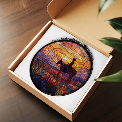 Horse Rider under Desert Sunset stained glass suncatcher – flat printed artwork design