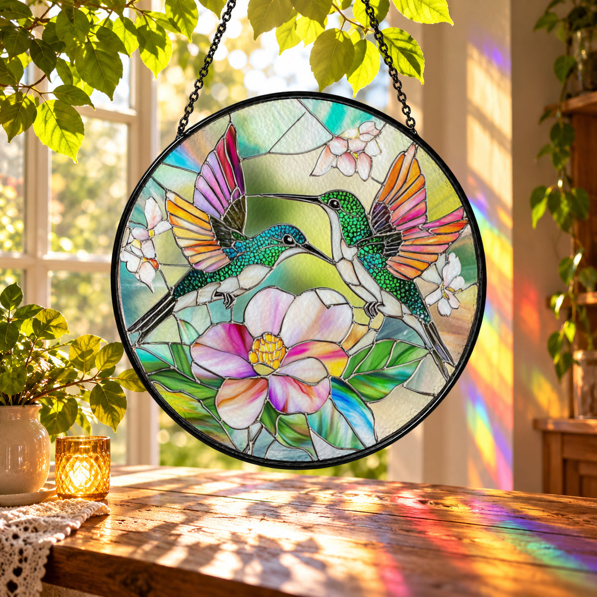 Hummingbird with Tropical Pink Flowers stained glass suncatcher window hanging – front design view
