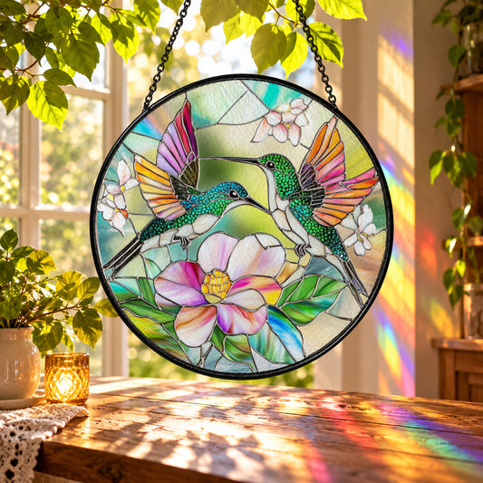Hummingbird with Tropical Pink Flowers stained glass suncatcher window hanging – front design view