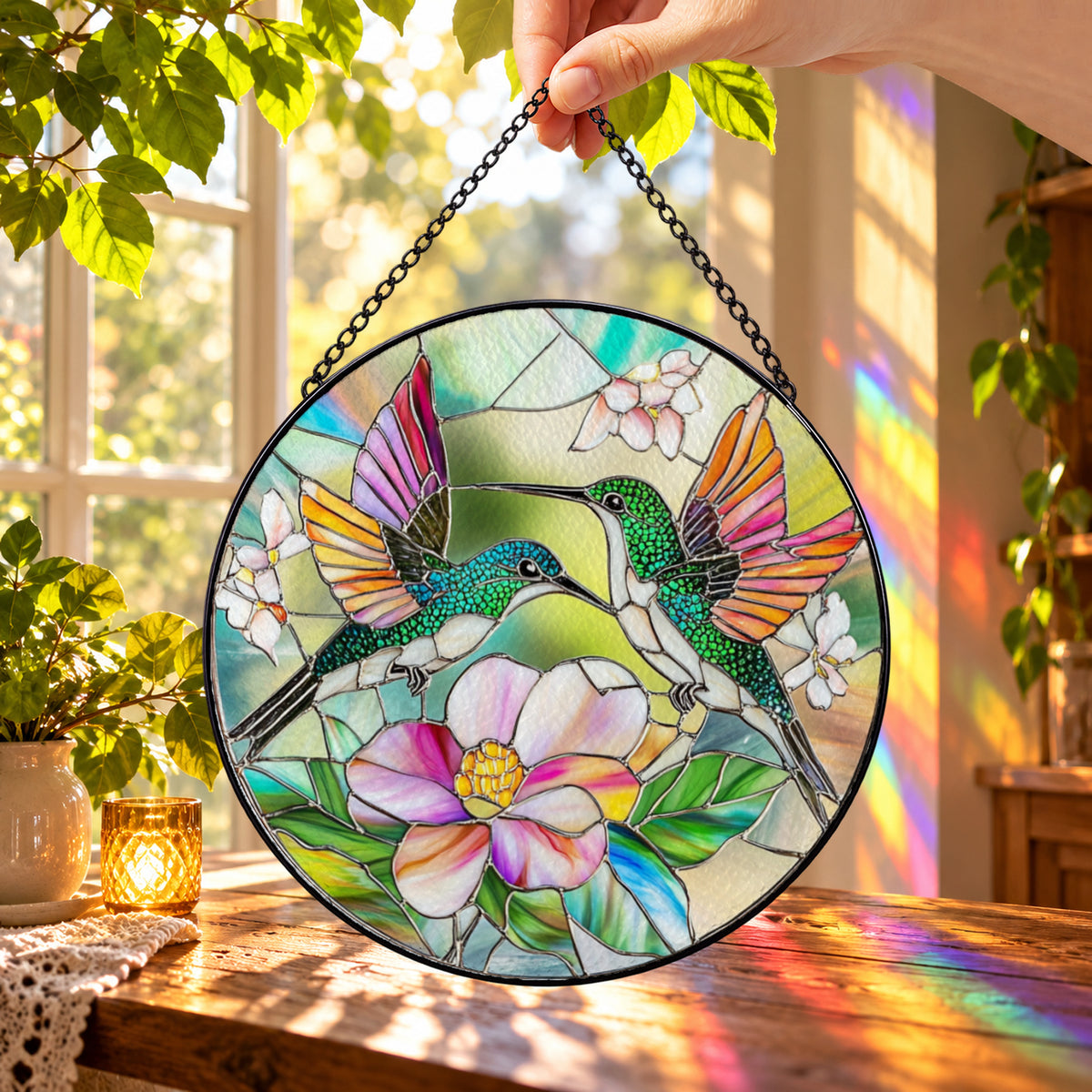 Hummingbird with Tropical Pink Flowers round stained glass window hanging – second gallery view