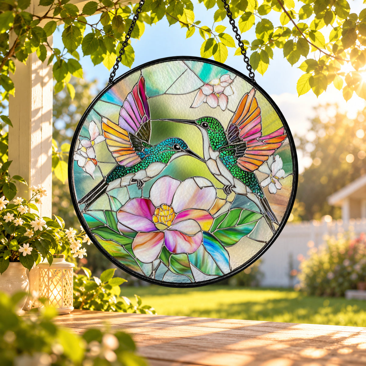 Hummingbird with Tropical Pink Flowers stained glass window suncatcher – third gallery view