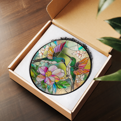 Hummingbird with Tropical Pink Flowers stained glass suncatcher – flat printed artwork design