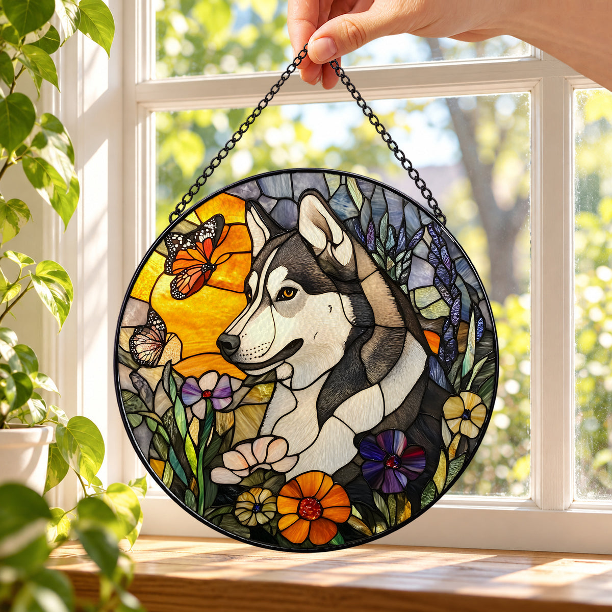 Husky Dog with Fall Pumpkin round stained glass window hanging – second gallery view