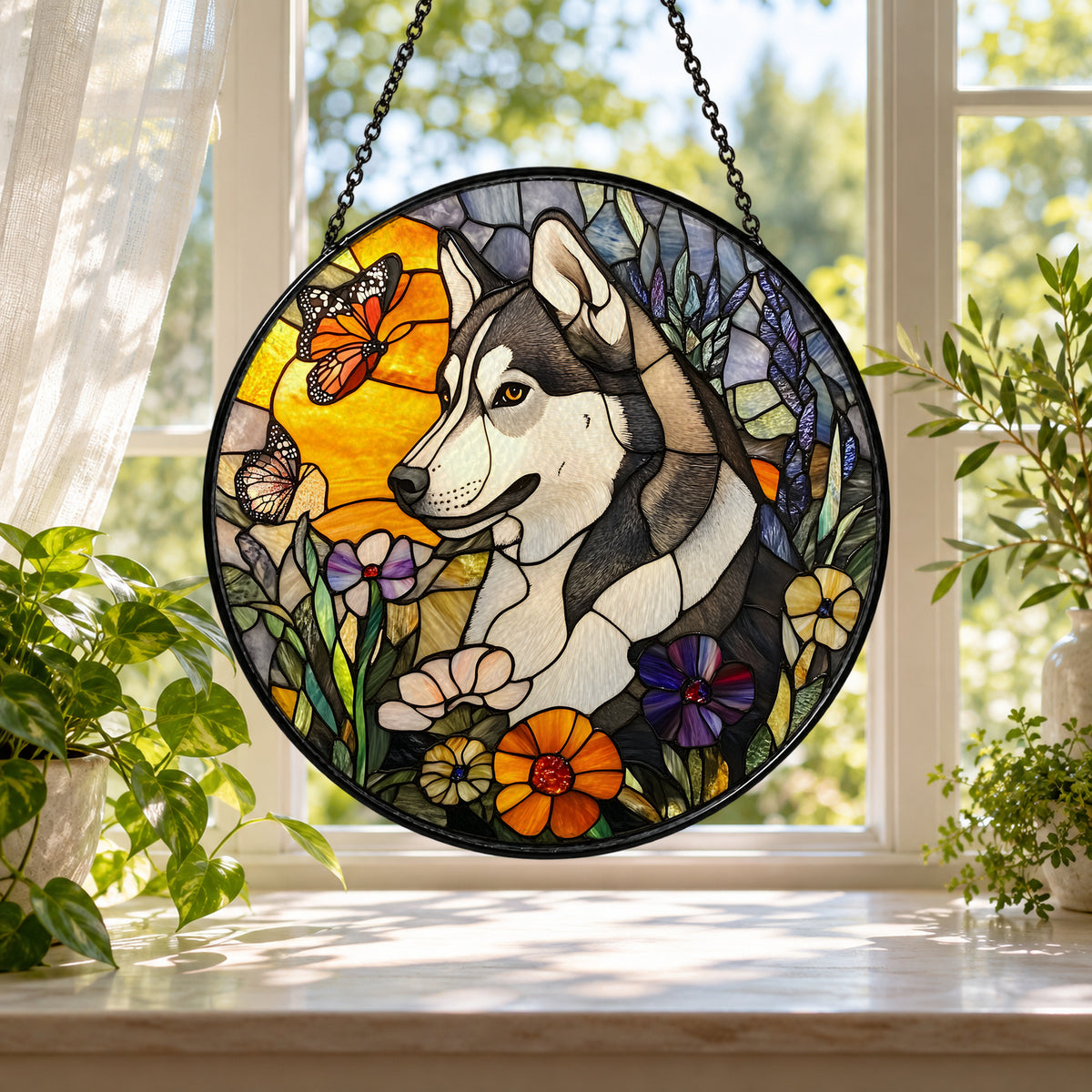 Husky Dog with Fall Pumpkin stained glass window suncatcher – third gallery view