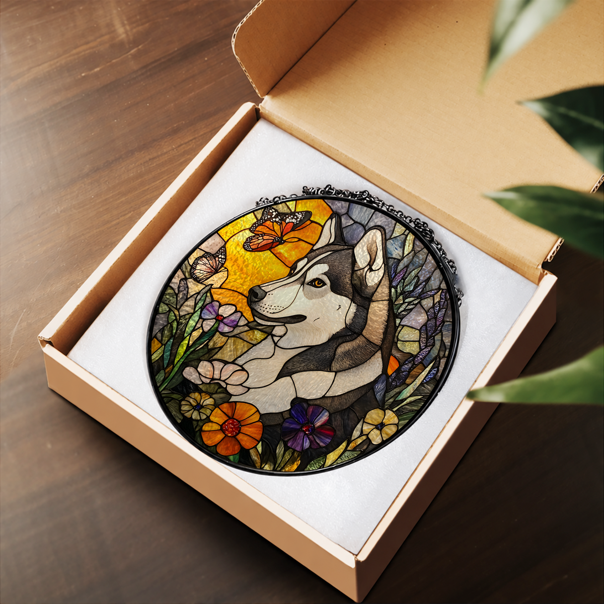 Husky Dog with Fall Pumpkin stained glass suncatcher – flat printed artwork design