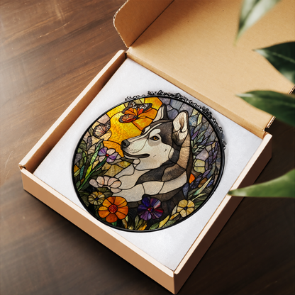 Husky Dog with Fall Pumpkin stained glass suncatcher – flat printed artwork design