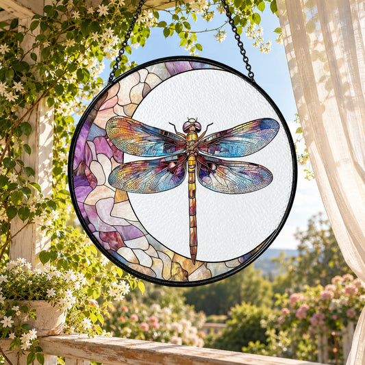 Iridescent Dragonfly and Pastel Flowers stained glass suncatcher window hanging – front design view