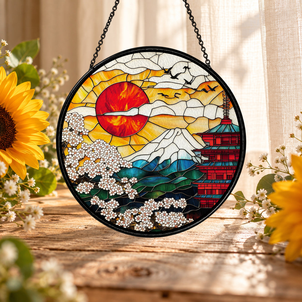 Japanese Sunset Waves and Pagoda stained glass suncatcher window hanging – front design view