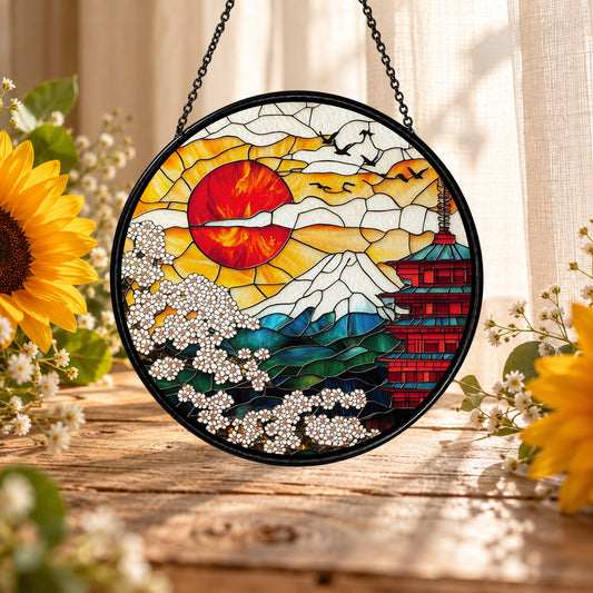 Japanese Sunset Waves and Pagoda stained glass suncatcher window hanging – front design view