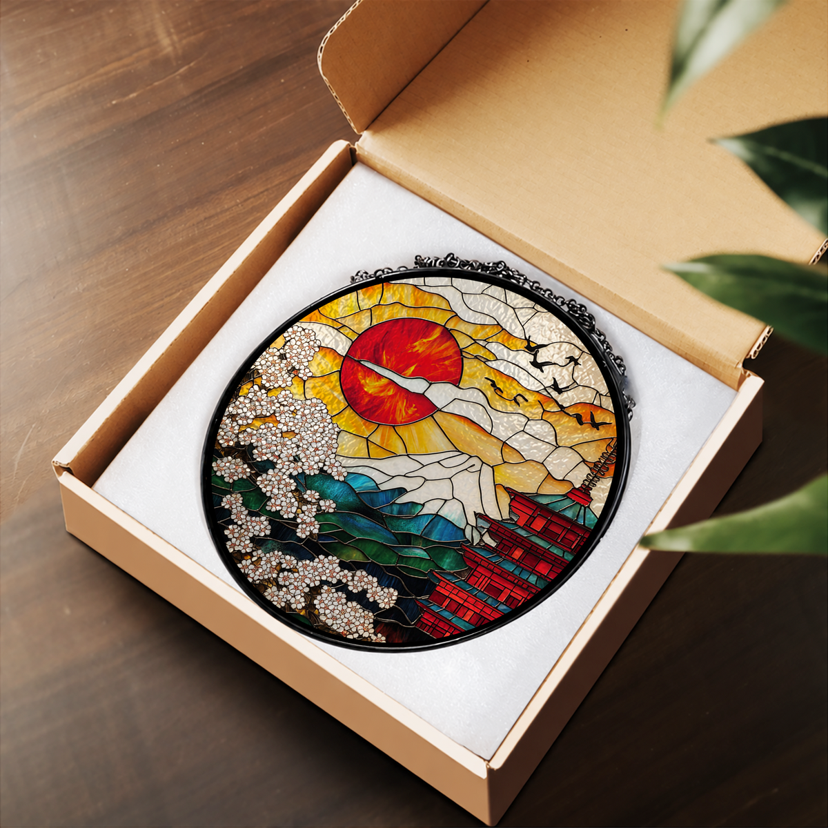 Japanese Sunset Waves and Pagoda stained glass suncatcher – flat printed artwork design