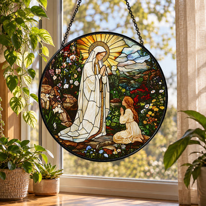 Jesus with Child in Flower Garden stained glass suncatcher window hanging – front design view