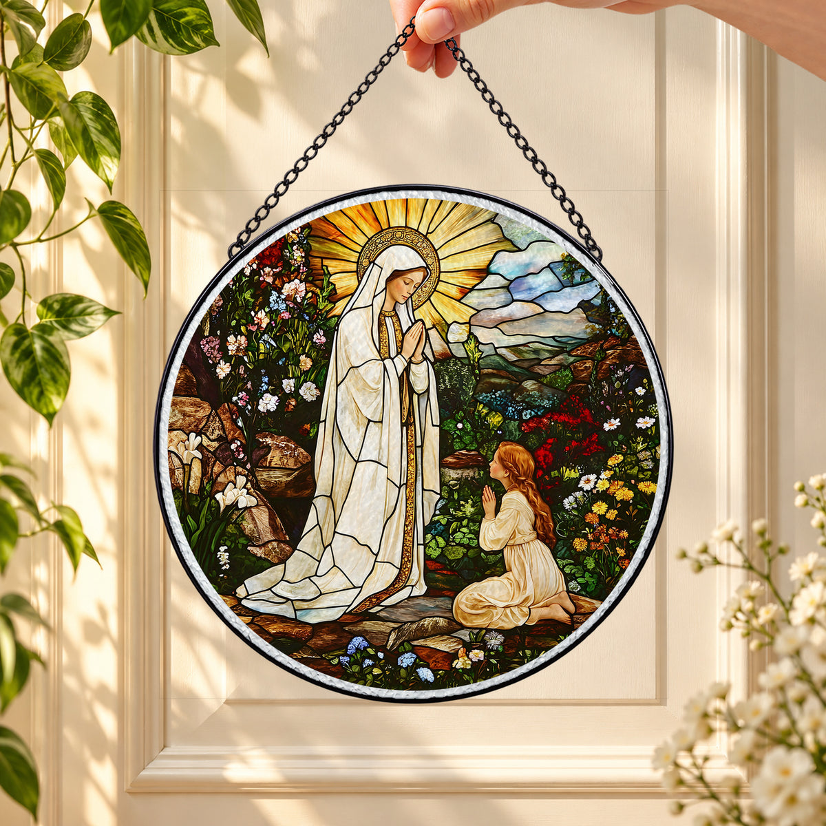 Jesus with Child in Flower Garden round stained glass window hanging – second gallery view