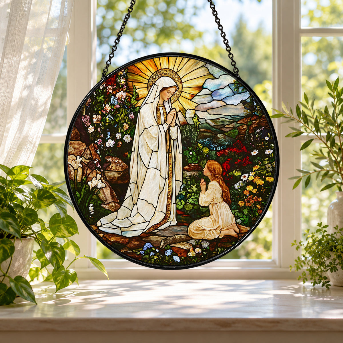 Jesus with Child in Flower Garden stained glass window suncatcher – third gallery view