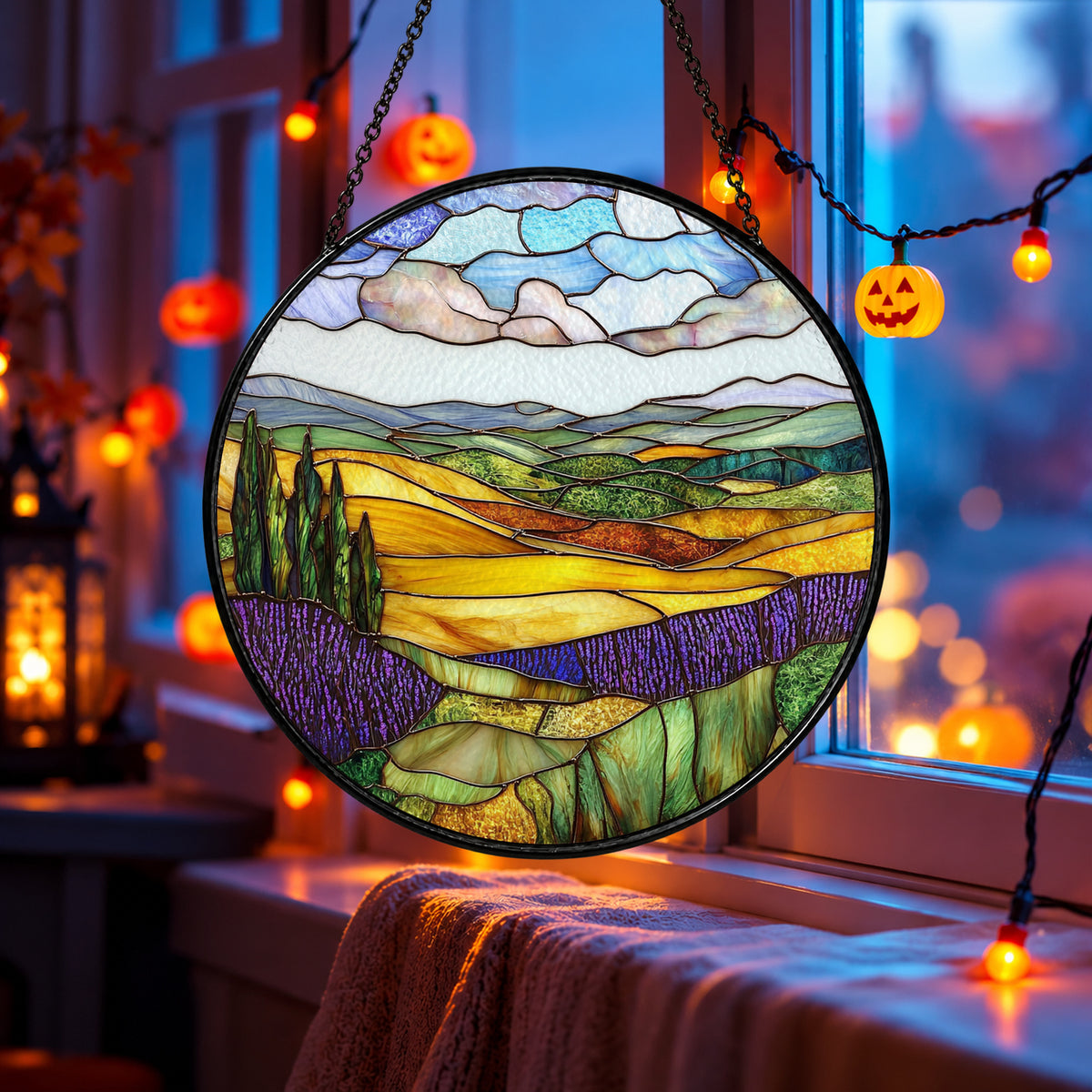 Lavender Fields and Mountain Hills stained glass suncatcher window hanging – front design view