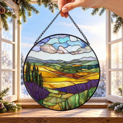 Lavender Fields and Mountain Hills round stained glass window hanging – second gallery view