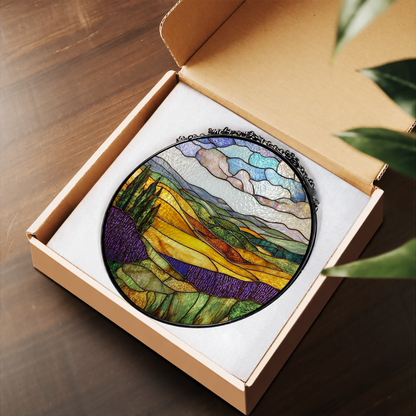 Lavender Fields and Mountain Hills stained glass suncatcher – flat printed artwork design