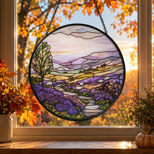 Lavender Mountain Hills at Sunset stained glass suncatcher window hanging – front design view