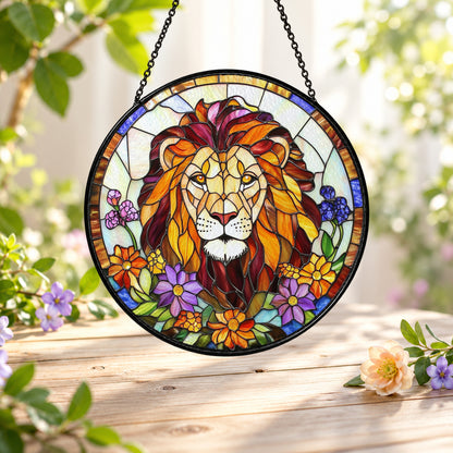 Lion Portrait with Wildflowers stained glass suncatcher window hanging – front design view