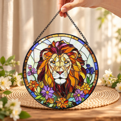 Lion Portrait with Wildflowers round stained glass window hanging – second gallery view