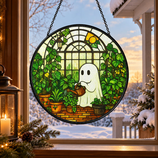 Little White Ghost in Greenhouse stained glass suncatcher window hanging – front design view