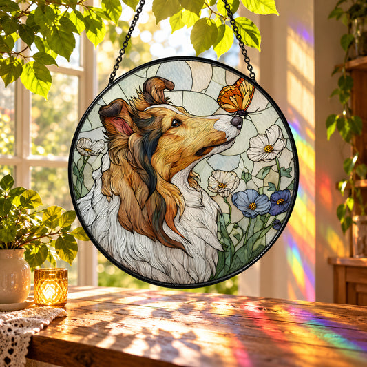 Long Haired Dog with Butterfly stained glass suncatcher window hanging – front design view