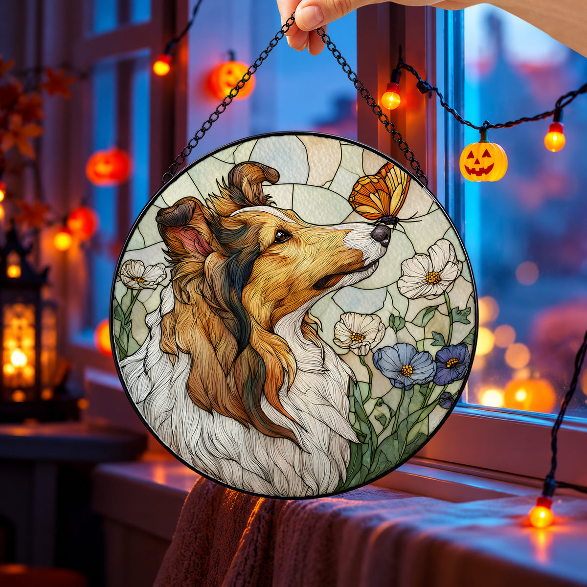 Long Haired Dog with Butterfly round stained glass window hanging – second gallery view