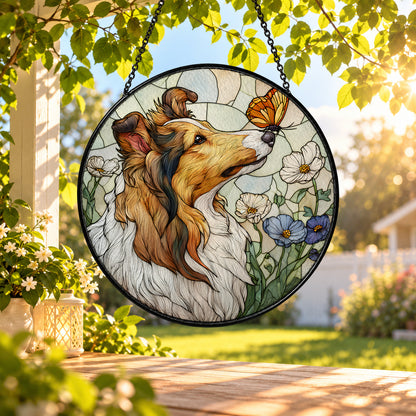 Long Haired Dog with Butterfly stained glass window suncatcher – third gallery view
