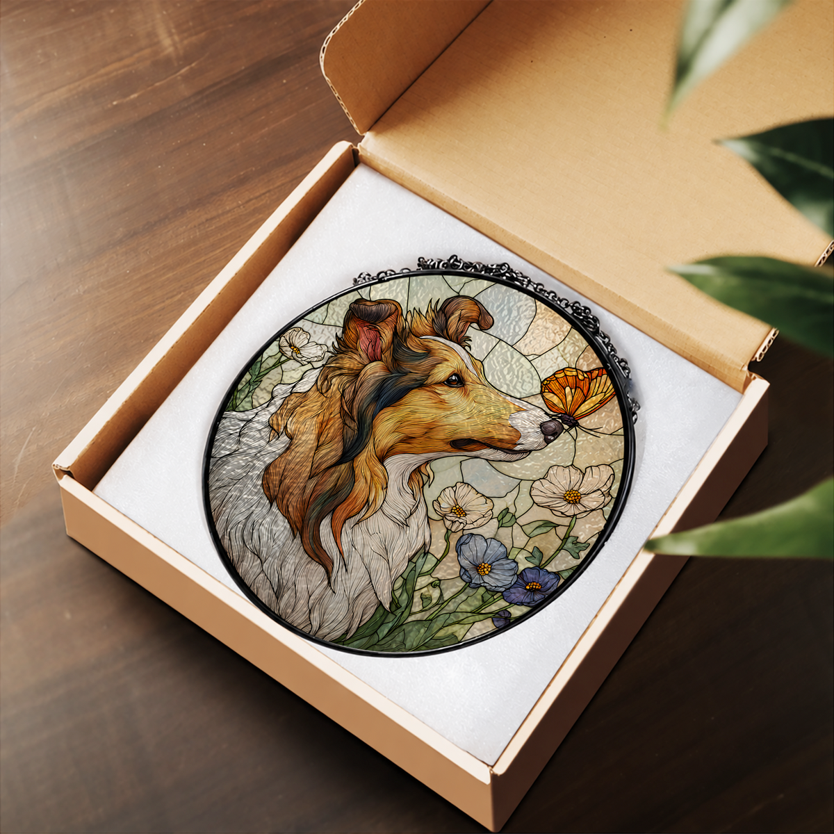 Long Haired Dog with Butterfly stained glass suncatcher – flat printed artwork design