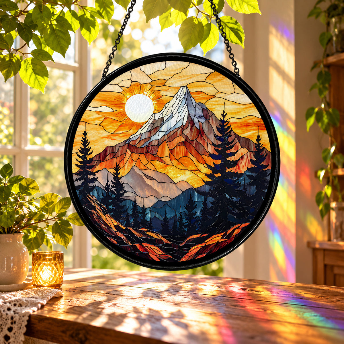 Majestic Mountain Sunset and Forest stained glass suncatcher window hanging – front design view