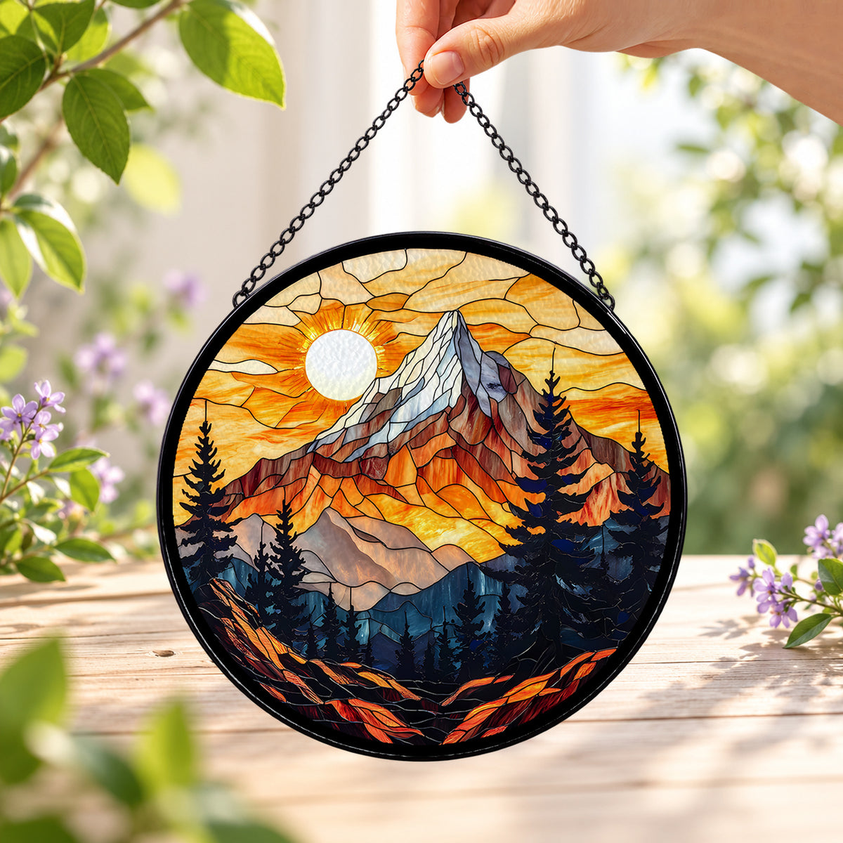 Majestic Mountain Sunset and Forest round stained glass window hanging – second gallery view