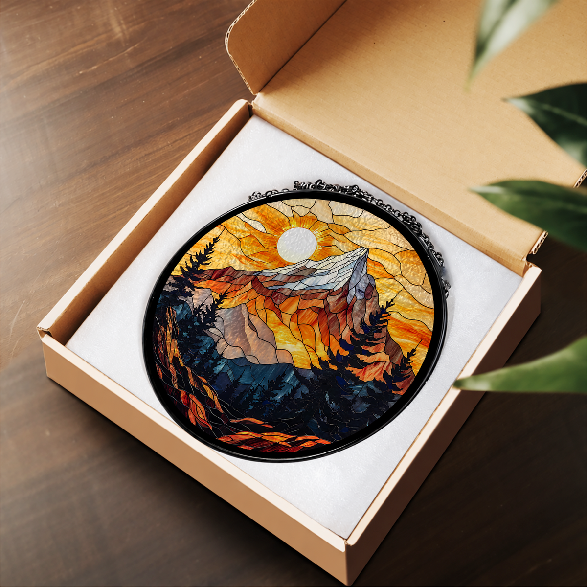 Majestic Mountain Sunset and Forest stained glass suncatcher – flat printed artwork design