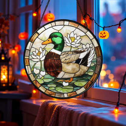 Mallard Duck Floating among Water Lilies stained glass suncatcher window hanging – front design view