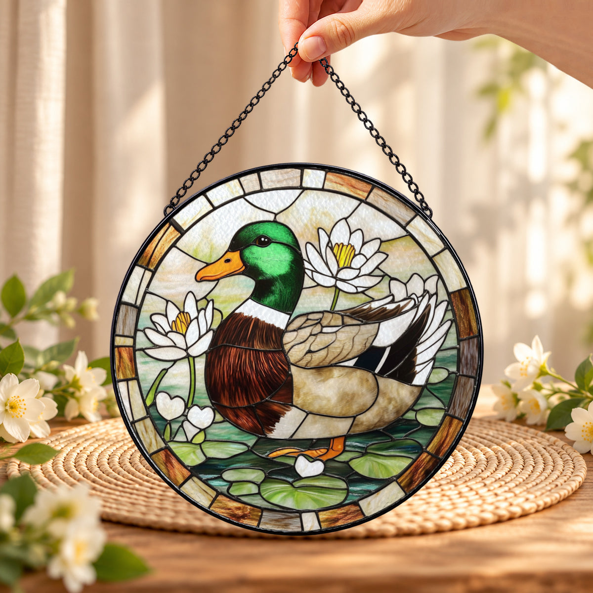 Mallard Duck Floating among Water Lilies round stained glass window hanging – second gallery view