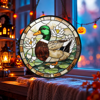 Mallard Duck Floating among Water Lilies stained glass window suncatcher – third gallery view