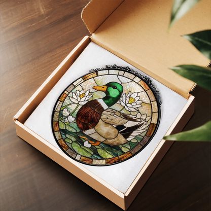 Mallard Duck Floating among Water Lilies stained glass suncatcher – flat printed artwork design