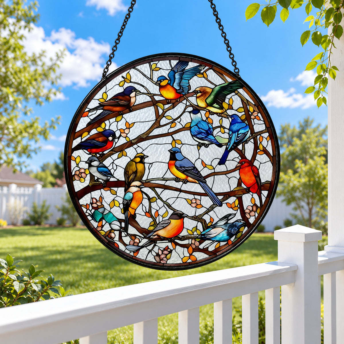 Many Colorful Birds on Tree Branches stained glass suncatcher window hanging – front design view