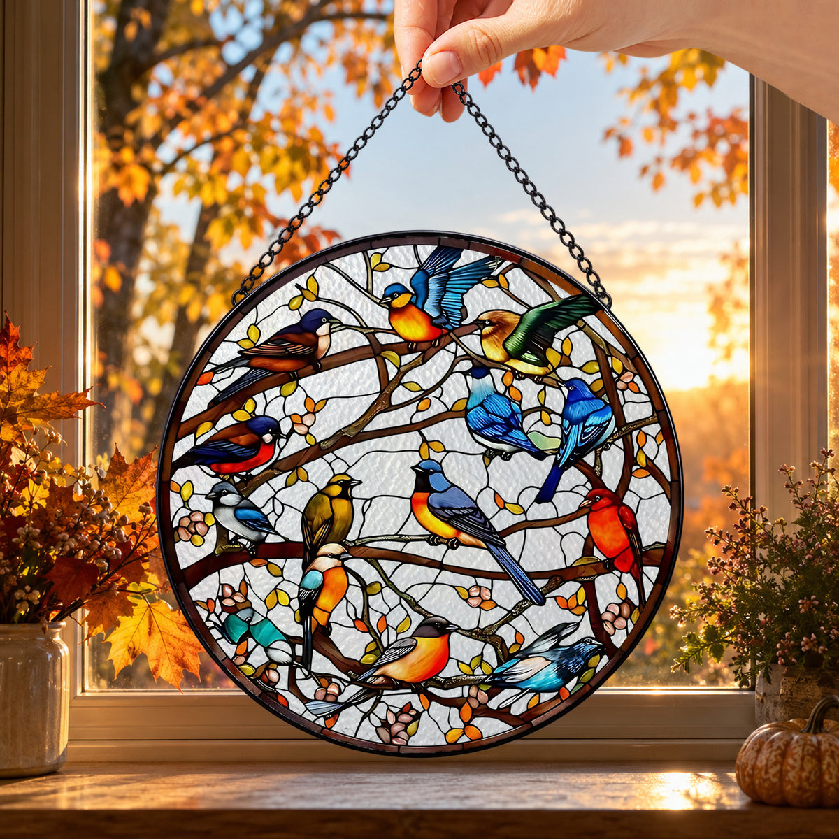 Many Colorful Birds on Tree Branches round stained glass window hanging – second gallery view