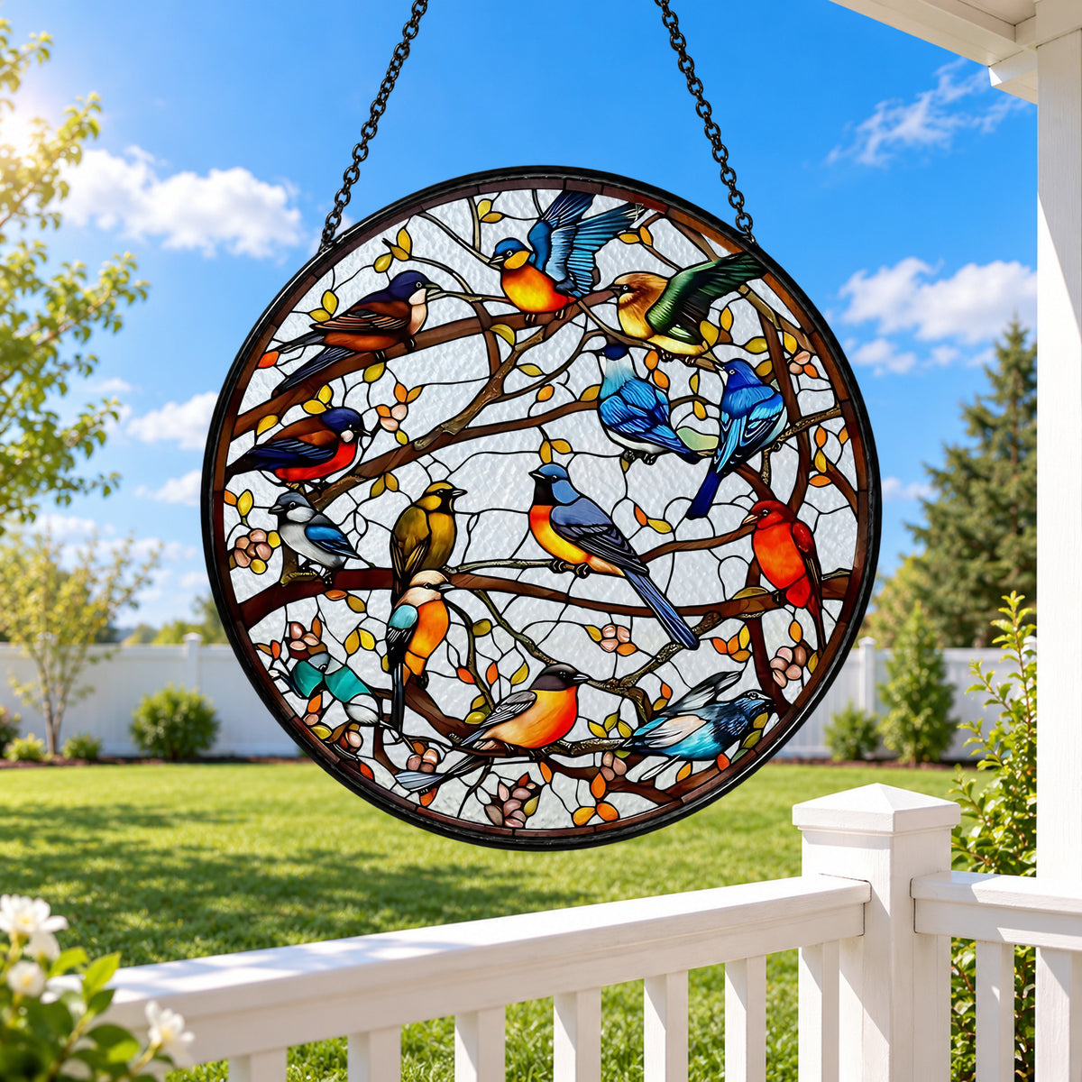 Many Colorful Birds on Tree Branches stained glass window suncatcher – third gallery view