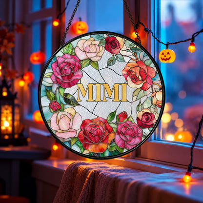 MiMi Floral Roses Name Design stained glass suncatcher window hanging – front design view
