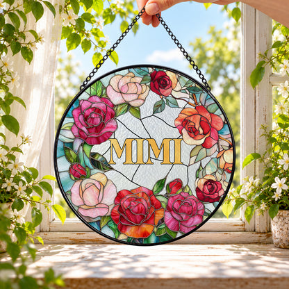 MiMi Floral Roses Name Design round stained glass window hanging – second gallery view