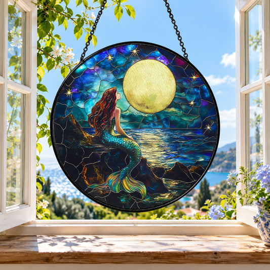 Moonlit Fairy by Ocean Water stained glass suncatcher window hanging – front design view