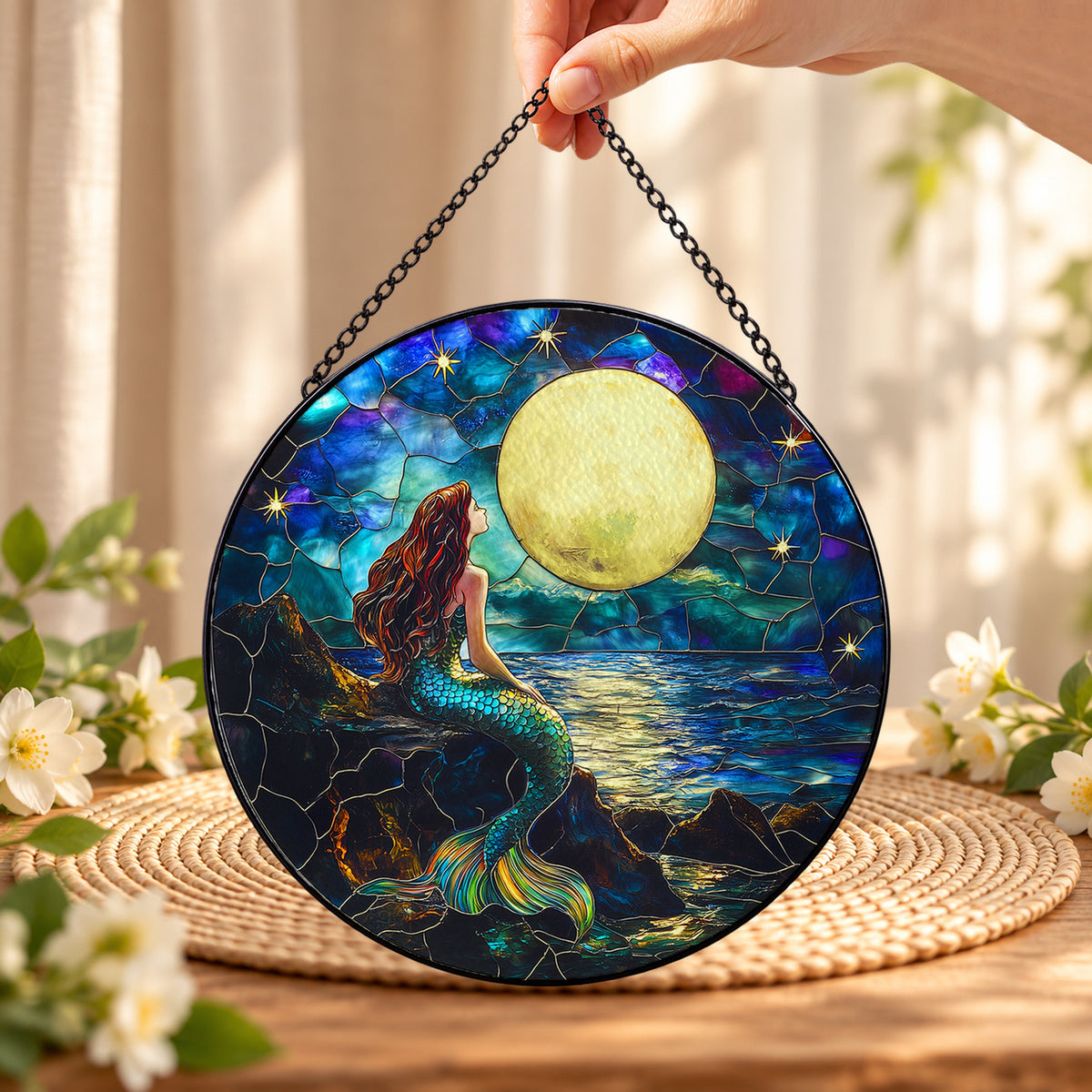 Moonlit Fairy by Ocean Water round stained glass window hanging – second gallery view