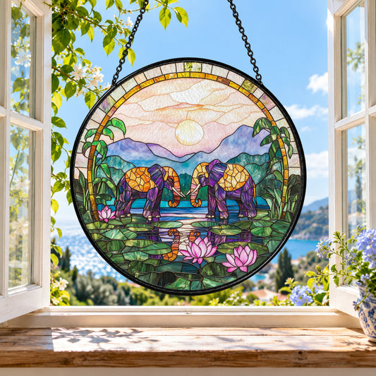 Mountain Cottage with Purple Garden stained glass suncatcher window hanging – front design view