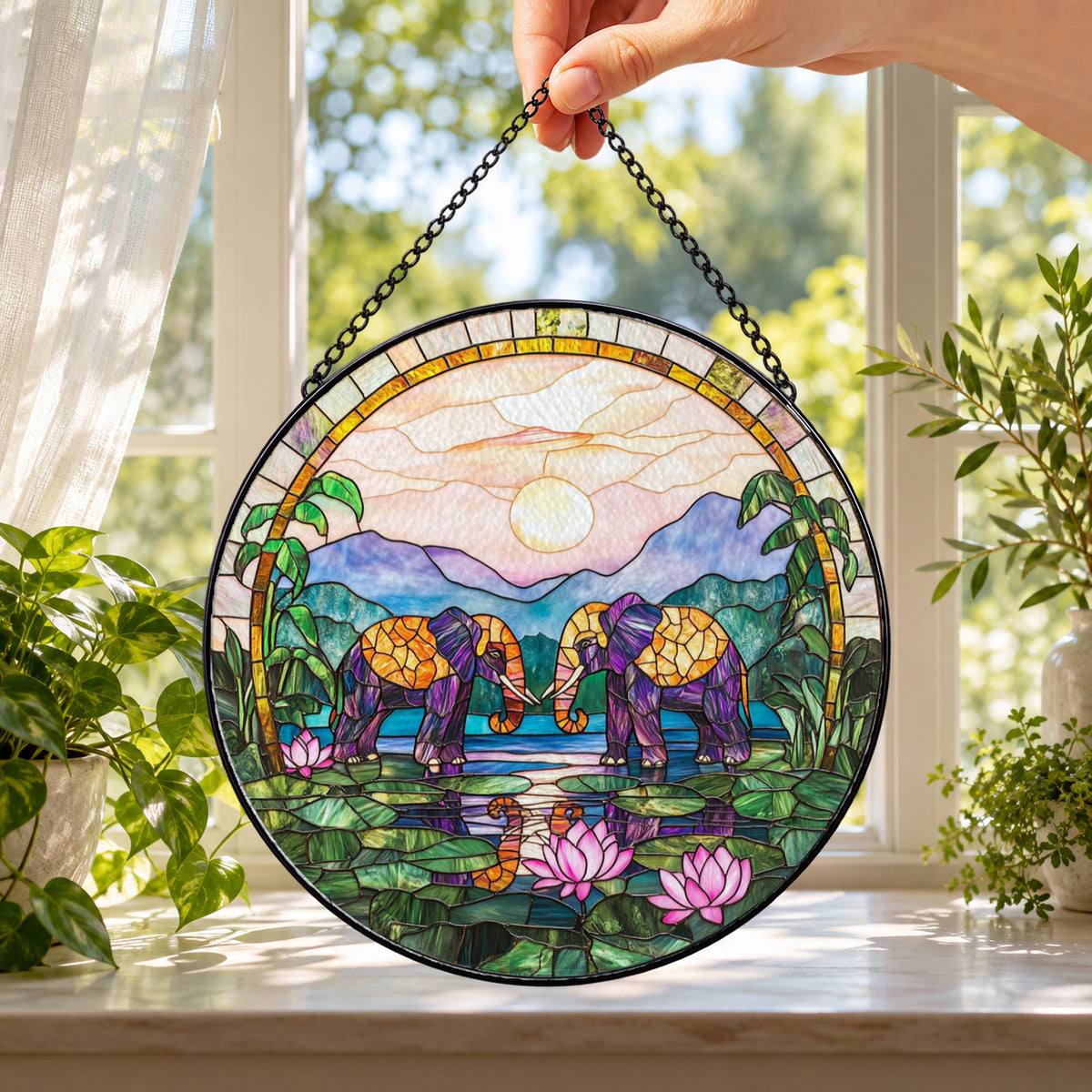 Mountain Cottage with Purple Garden round stained glass window hanging – second gallery view